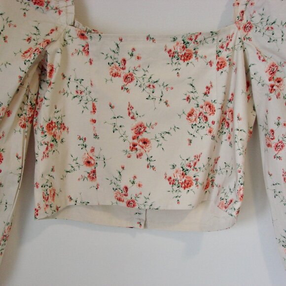 WeWoreWhat Ruched Dainty Floral Top Bustier Pouf Sleeves Cream Pink NEW Large - Picture 15 of 15